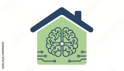 Smart home with AI brain icon. Artificial intelligence technology concept. Flat design vector illustration