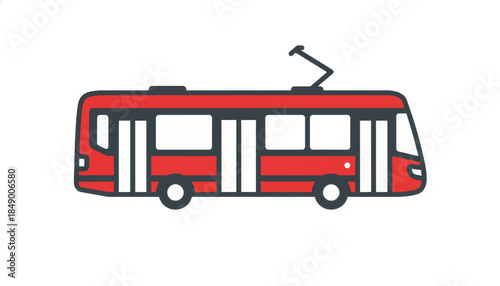 Red trolleybus public transport icon. Flat design vector illustration of an urban tram. Simple city transit vehicle symbol