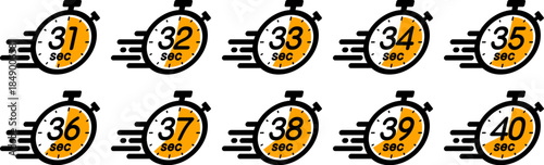 スピード感のある時間を示す時間管理のアイコン（stopwatch icon　31sec/32sec/33sec/34sec/35sec/36sec/37sec/38sec/39sec/40sec）
