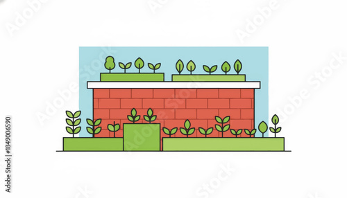 An illustration of an urban rooftop garden. Flat design vector graphic for sustainability and city farming concepts. Minimalist plants growing on a brick building