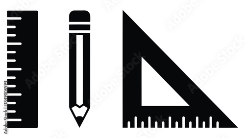 ruler pencil and set square icons in black silhouette style, simple stationery and education measurement symbols for school, office and design use