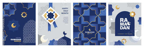 Set of Ramadan Kareem banner, poster, greeting card, cover design with mosque, crescent moon, pattern and typography in flat geometric style.

