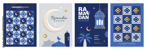 Set of Ramadan Kareem banner, poster, greeting card, cover design with mosque, crescent moon, pattern and typography in flat geometric style.

