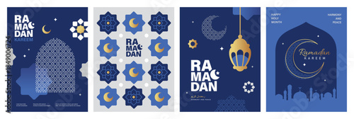 Set of Ramadan Kareem banner, poster, greeting card, cover design with mosque, crescent moon, lanterns and typography in flat geometric style.

