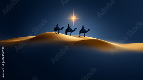 Three wise men riding camels across desert dunes under a dark blue sky, following the star of bethlehem, symbolizing the epiphany and christmas journey, copy space