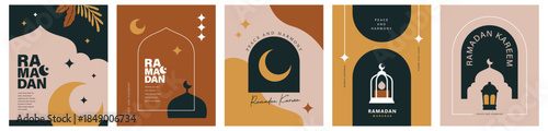 Set of Ramadan Kareem banner, poster, greeting card, cover design with mosque, crescent moon, lantern and typography in trendy flat geometric style.

