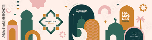 Set of Ramadan Kareem design elements with mosque, crescent moon in flat geometric style.

