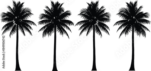 Palm tree silhouette vector set featuring tropical coconut palms in black, minimalist summer beach landscape elements for travel and nature designs