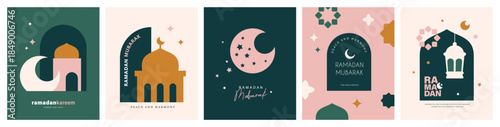 Set of Ramadan Kareem banner, poster, greeting card, cover design with mosque, crescent moon, lantern and typography in trendy flat geometric style.

