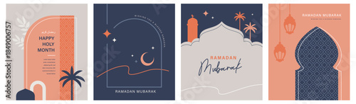 Set of Ramadan Kareem banner, poster, greeting card, cover design with mosque, crescent moon, lantern and typography in trendy flat geometric style.

