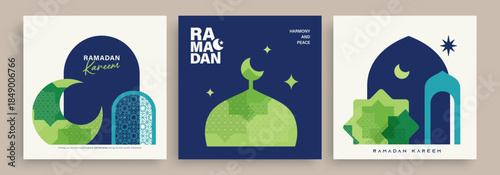 Set of Ramadan Kareem banner, poster, greeting card, cover design with mosque, crescent moon and typography in flat geometric style.

