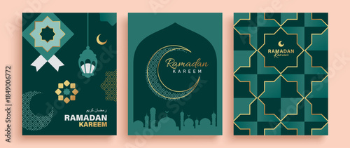 Set of Ramadan Kareem banner, poster, greeting card, cover design with mosque, crescent moon, lantern and typography in flat geometric style.

