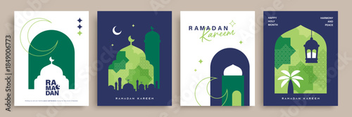 Set of Ramadan Kareem banner, poster, greeting card, cover design with mosque, crescent moon, lantern and typography in flat geometric style.

