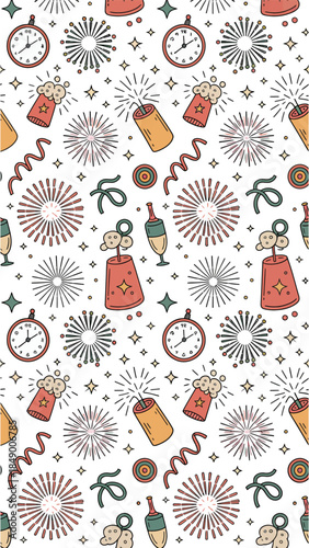 Festive Pattern: A whimsical and celebratory pattern adorned with fireworks, champagne, clocks, and festive elements, perfect for adding a touch of joy.