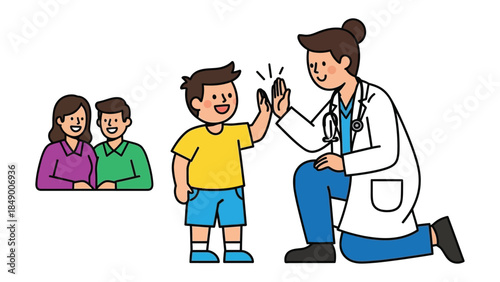 Healthcare High-Five: A pediatric visit unfolds, as a child and doctor share a joyful moment with a high-five, showcasing trust, health, and a positive doctor-patient relationship.