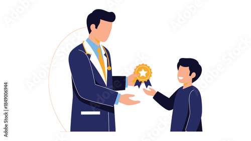 Symbol of Achievement: A doctor presents a golden badge to a young boy, symbolizing recognition for bravery, excellence, or a successful accomplishment. This heartwarming scene represents care.