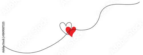 Continuous One Line Drawing of Two Interlocking Hearts with Red Color Fill, Minimalist Love Symbol for Valentine’s Day, Wedding Invitation, Romance Concept Vector Illustration