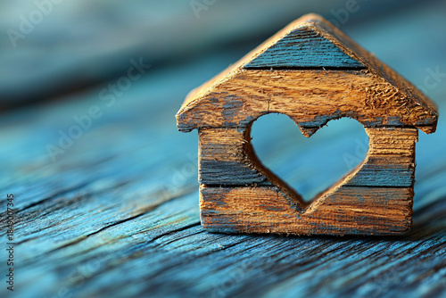 Rustic miniature wooden house with a heart cutout stands on weathered blue wooden planks, symbolizing home, love, comfort, and warmth in a cozy rustic style.