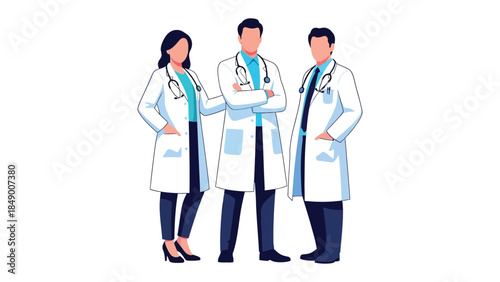 Medical Team Standing Together: A medical team, each in their pristine white coats and stethoscopes, stands together, symbolizing collaboration and medical excellence.