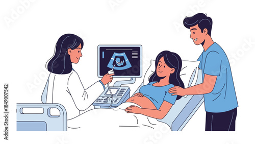 Antenatal Care: The image portrays a serene moment in antenatal care, where a physician utilizes ultrasound technology to check on the wellbeing of a pregnant woman and her partner. 