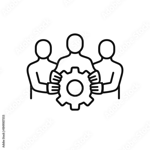 Line icon showing three people holding a gear together, representing team responsibility, collaboration, and joint effort in achieving a common goal or completing a task.