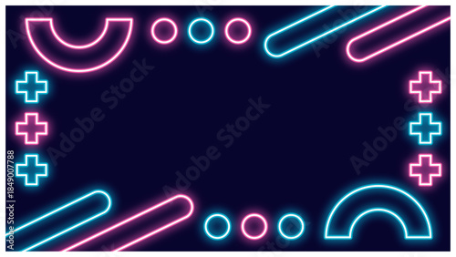 ピンクと水色のネオンラインの、抽象フレーム背景テンプレート／ネイビーカラーのモダンデザイン