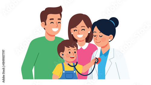 Health check: A family enjoys a health check with a doctor, symbolizing trust, care and wellbeing. A moment that evokes feelings of trust, care, and family wellbeing.