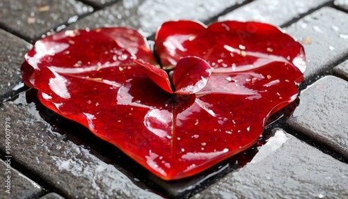 Red petal heart sitting on a leaf-strewn wet shiny paving stone, photography, romance, beautiful flower, cutest, flower petals, looks cute, dried petals, close-up, stone-heart,