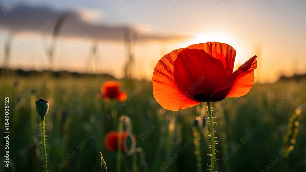 Obraz premium A vibrant red poppy stands out in a field of green grass at sunset, with the sun's rays illuminating its delicate petals.