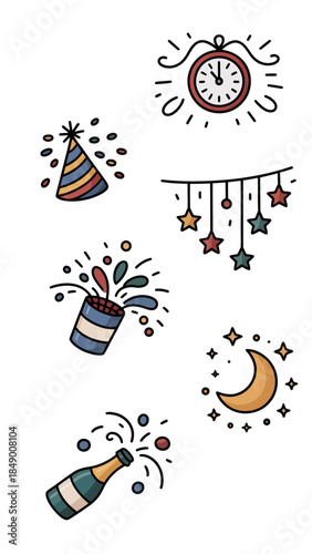 Celebration Icon Set: A collection of festive icons, including a party hat, confetti popper, clock, champagne bottle, star garland, and crescent moon with stars, symbolizing celebration.