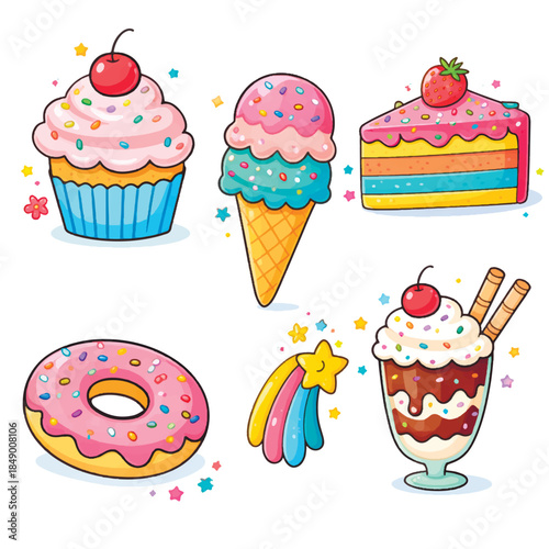 Cute sweet desserts set with cupcake, ice cream, cake slice, donut, milkshake, and shooting star, colorful kawaii cartoon vector illustration isolated on white background for kids design and prints.
