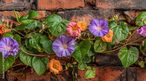 Vibrant trumpet-shaped blossoms and lush green foliage cascade across an aged brick surface