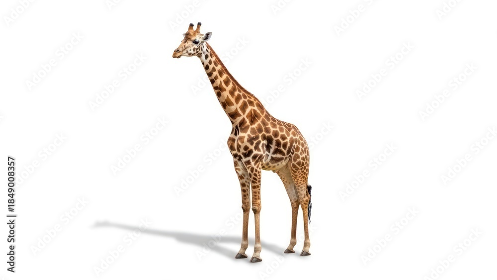 Obraz premium A Majestic Giraffe Stands Tall Against a Clean White Background.