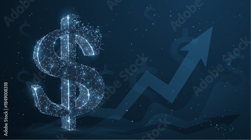 Dollar. Abstract vector 3d dollar sign with graph grows up arrow background. Currency, banking growth, finance progress symbol. Achievement, business success concept illustration

