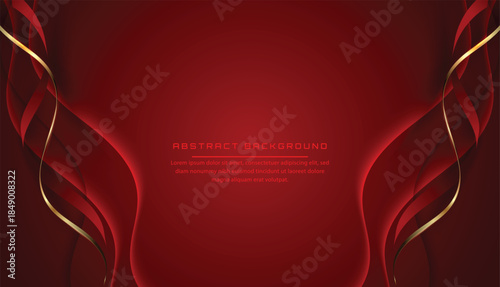 Abstract 3d template red background with gold lines curved wavy 