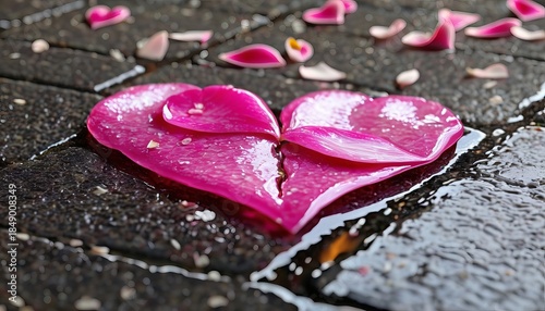 Red petal heart sitting on a leaf-strewn wet shiny paving stone, photography, romance, beautiful flower, cutest, flower petals, looks cute, dried petals, close-up, stone-heart,