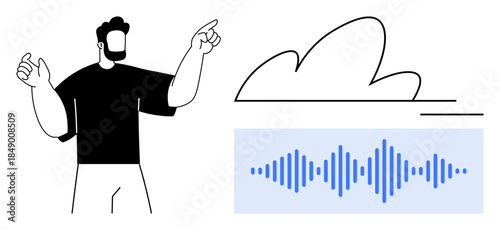 Cloud computing, data analysis, audio technology, digital communication, innovation, tech solutions. Man points at cloud and soundwave. Cloud computing and data analysis concept