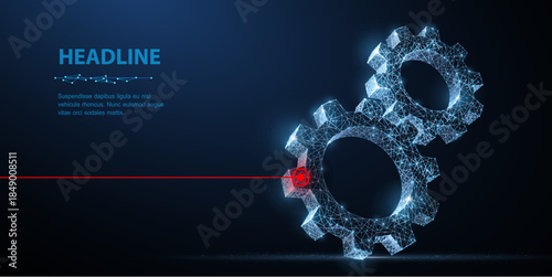Gears. Abstract vector wireframe two gear 3d modern illustration on dark blue background. Mechanical technology machine engineering symbol. Industry development, engine work, business solution concept