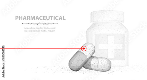 Pills. Abstract 3d illustration two capsule pills near bottle isolated on white background. Medical pharmacy, health, vitamin, antibiotic pharmaceutical, treatment concept

