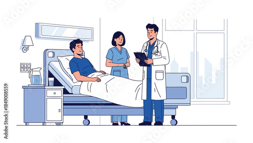 Patient's Health Assessment: A caring medical team, including a doctor and nurse, consult with a patient in a hospital room, examining and assessing their health status and recovery progress.
