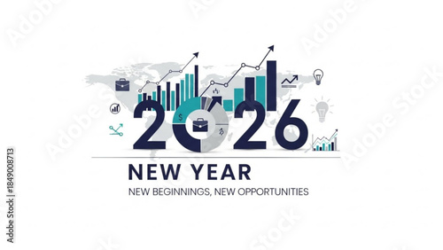 New Year's Vision: The image symbolizes a fresh start, mapping out a course toward success with detailed statistical charts and business concept icons. The year 2026 is written at the center