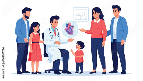 Health Discussion: A compassionate doctor, surrounded by an attentive family, explains a complex medical concept, fostering trust and clarity.