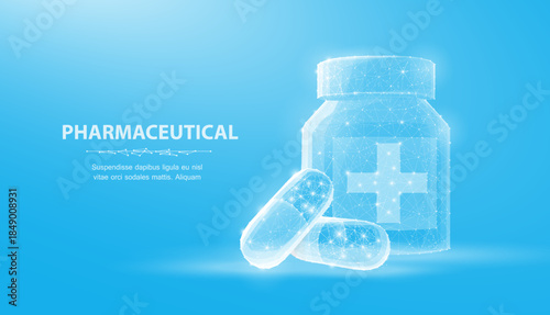 Pills. Abstract 3d illustration two capsule pills near bottle isolated on blue background. Medical, pharmacy, health, vitamin, antibiotic, pharmaceutical, treatment concept

