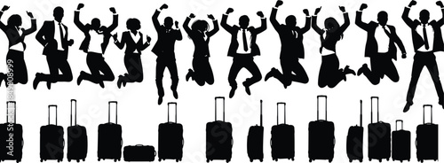 Flat vector silhouettes of business travelers jumping with luggage, celebrating teamwork, corporate travel, success, excitement, unity, and professional energy