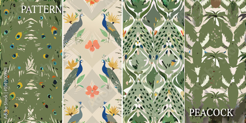 A collection of vibrant peacock feather patterns and decorative floral designs