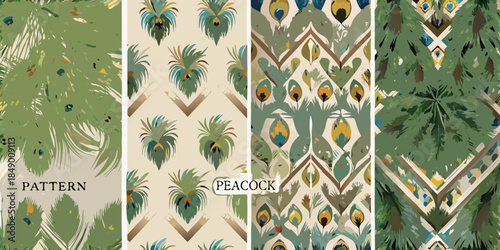 Peacock feather patterns in various shades of green and beige tones