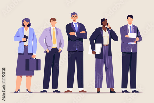 A diverse group of professionals standing in a row looking forward