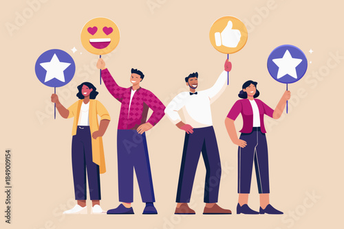 People holding up positive feedback signs like hearts thumbs and stars