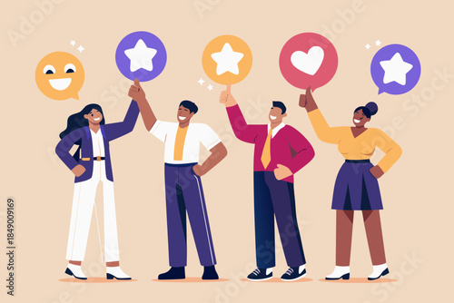 Diverse group of people holding up positive feedback icons in a cheerful scene