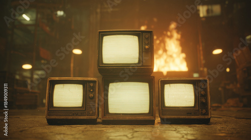 Burning Media Concept with Vintage Television Screens, vintage television sets with glowing blank screens, placed in a dark industrial environment with fire burning